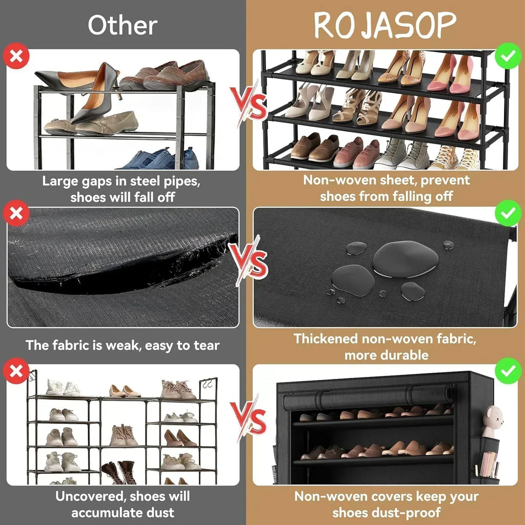 ROJASOP 10 Tier Shoe Rack with Covers Large Capacity Stackable Tall Shoe Shelf Storage