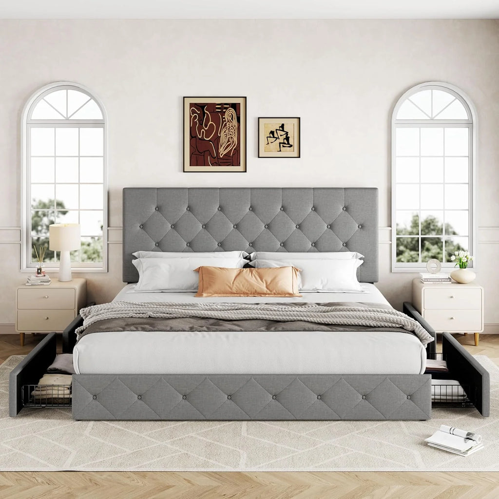 Allewie Upholstered Queen Size Platform Bed Frame with 4 Storage Drawers and Headboard