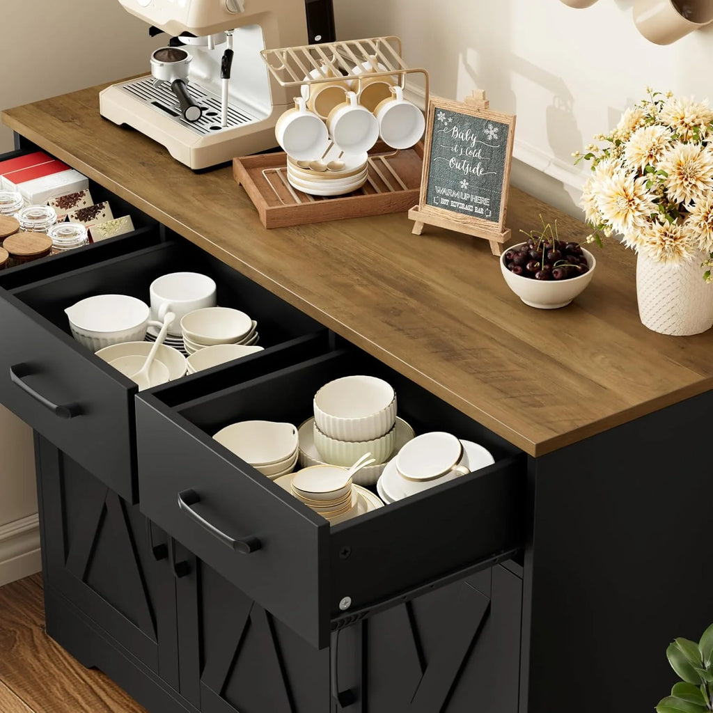 Modern farmhouse sideboard, barn door buffet storage cabinet with drawers and shelves, wooden coffee bar with storage