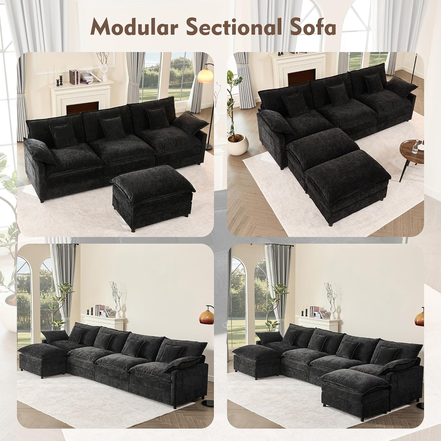 108 U Shaped Couch, Modular Sectional Sofa, 3-Seater Comfy Cloud Couch with Movable Ottoman, Deep Seat Couches for Living Room, Linen, Beige