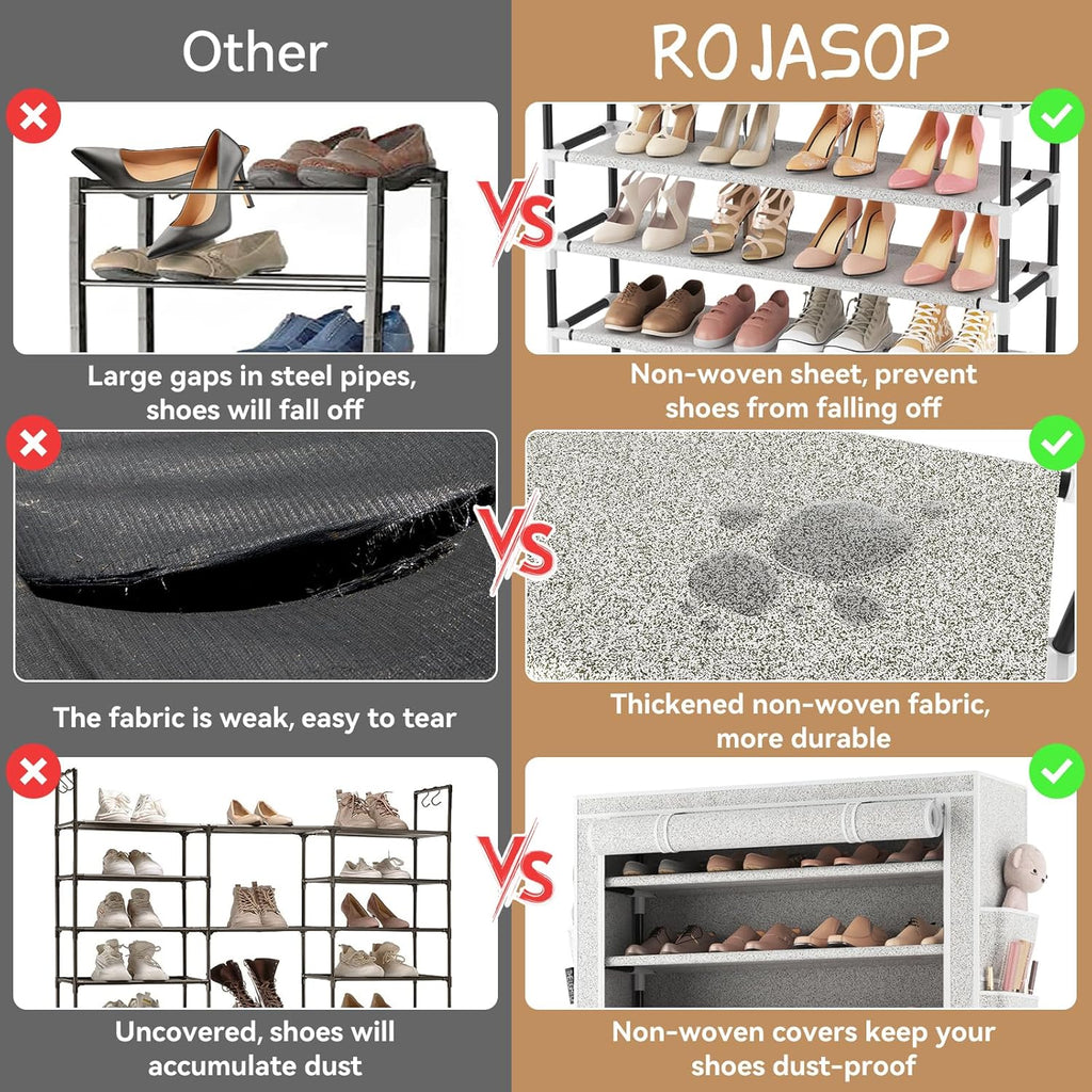 ROJASOP 10 Tier Shoe Rack with Covers Large Capacity Stackable Tall Shoe Shelf Storage
