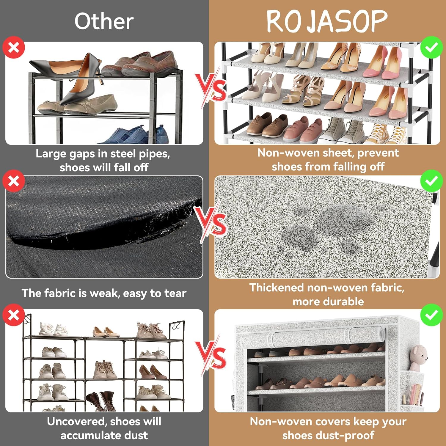 ROJASOP 10 Tier Shoe Rack with Covers Large Capacity Stackable Tall Shoe Shelf Storage
