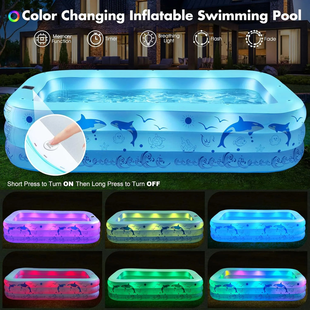 2026 Upgrade Inflatable Pools with Lights, Inflatable Swimming Pools for Adults, Blow Up Pool Solar, Large Pool, Durable Thickened Inflatable Pool for Backyard- Light Blue