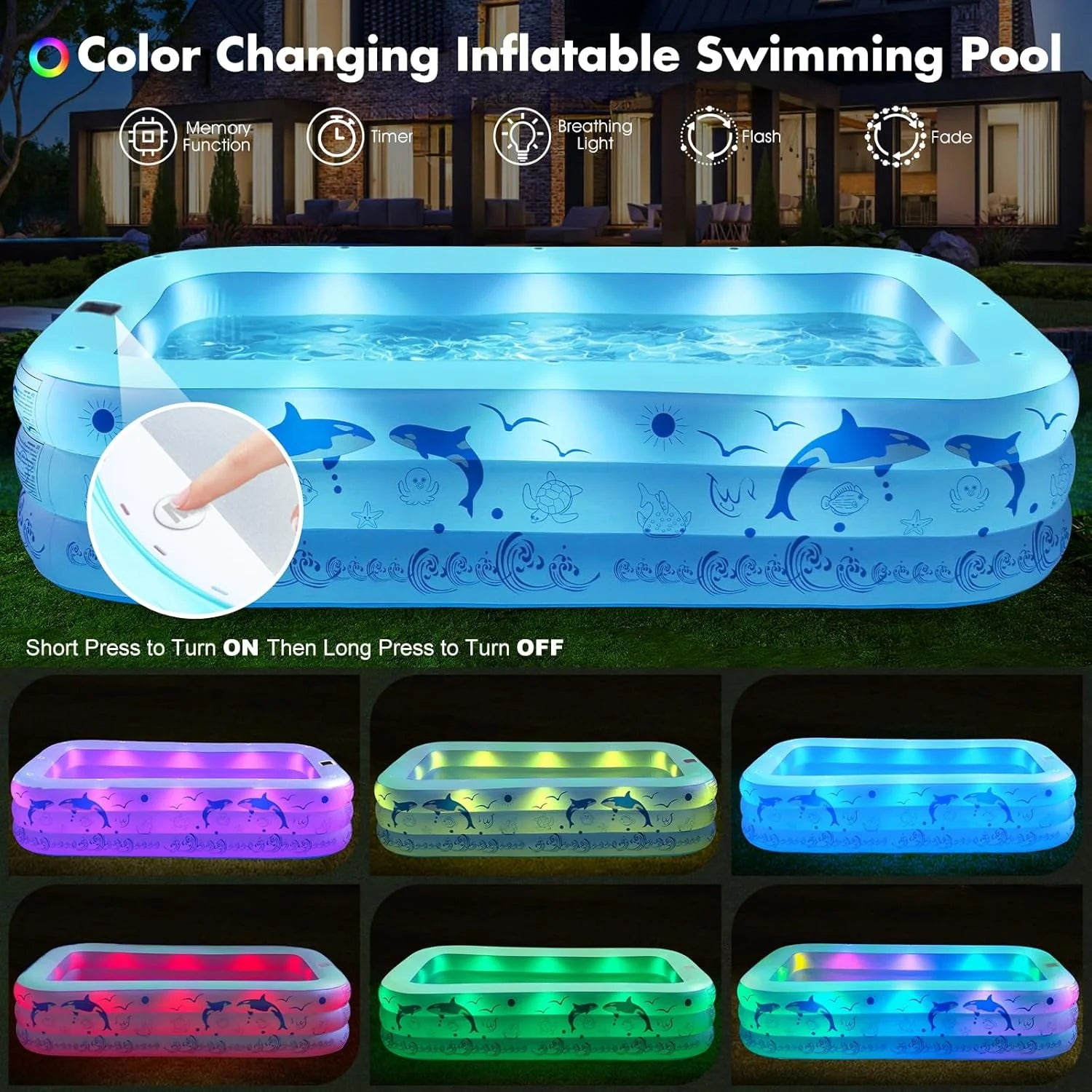2026 Upgrade Inflatable Pools with Lights, Inflatable Swimming Pools for Adults, Blow Up Pool Solar, Large Pool, Durable Thickened Inflatable Pool for Backyard- Light Blue