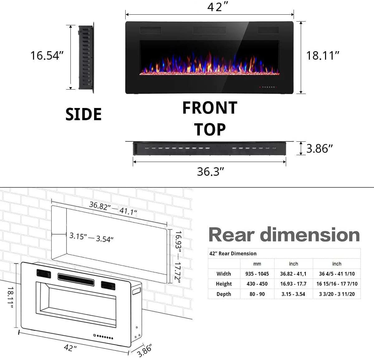 R.W.FLAME 60 Recessed and Wall Mounted Electric Fireplace, Low Noise, Fit for 2 x 6 Stud, Remote Control with Timer, Touch Screen, Adjustable Flame Color and Speed, 750-1500W
