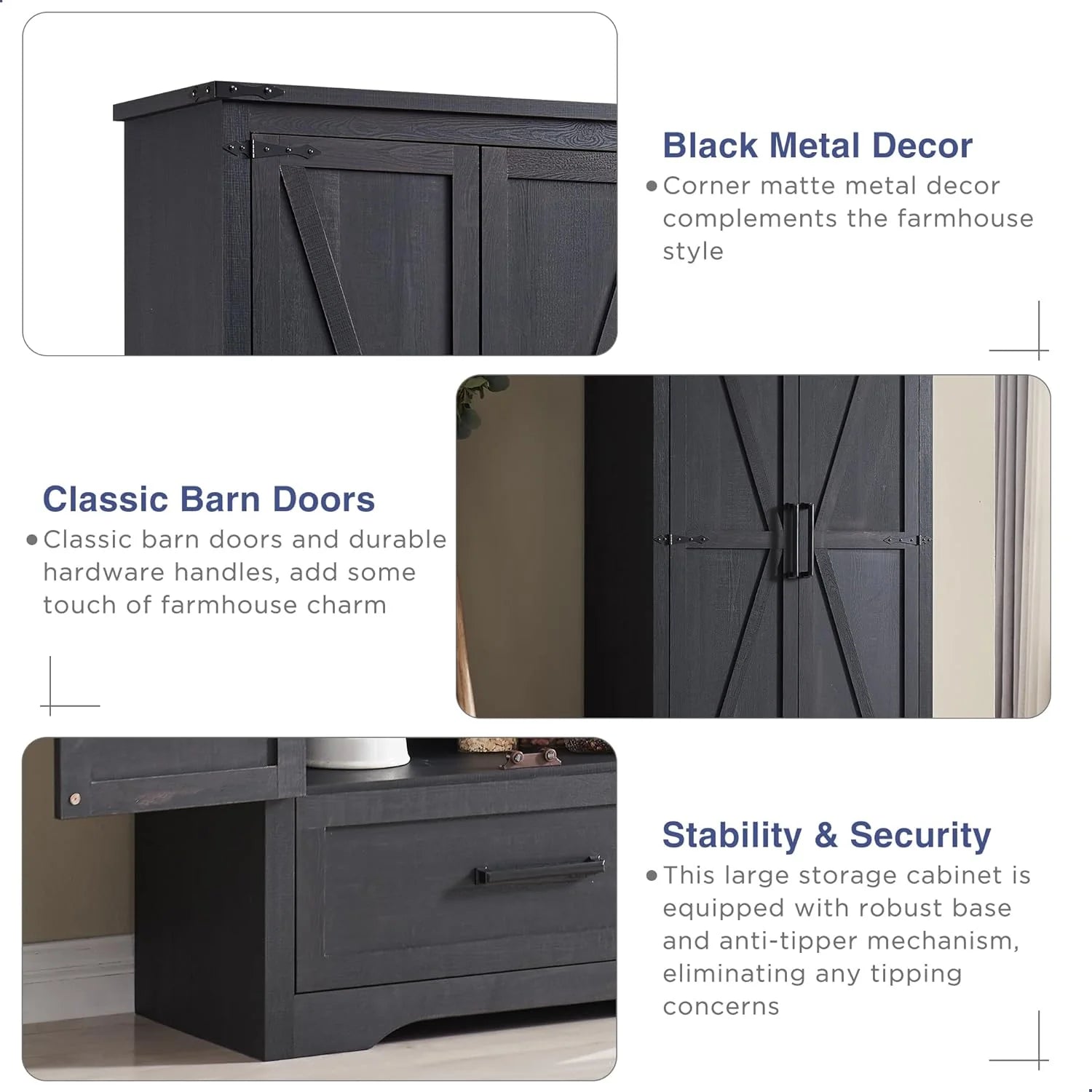 JXQTLINGMU Farmhouse Kitchen Pantry - 72 Tall Wood Kitchen Storage Cabinet with Adjustable Shelves and 2 Barn-Style Doors and Drawers