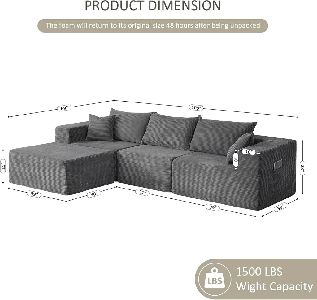Cloud sofa with L-shaped lounge chair modern modular sofa with deep seats