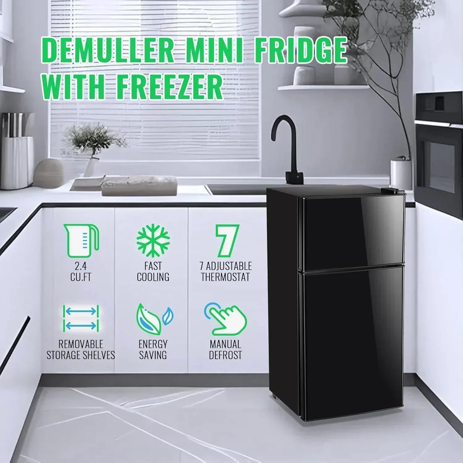 2.4 Cu.Ft Mini Fridge with Freezer Double Door Small Tiny Size Refrigerator with 7 Control Knob