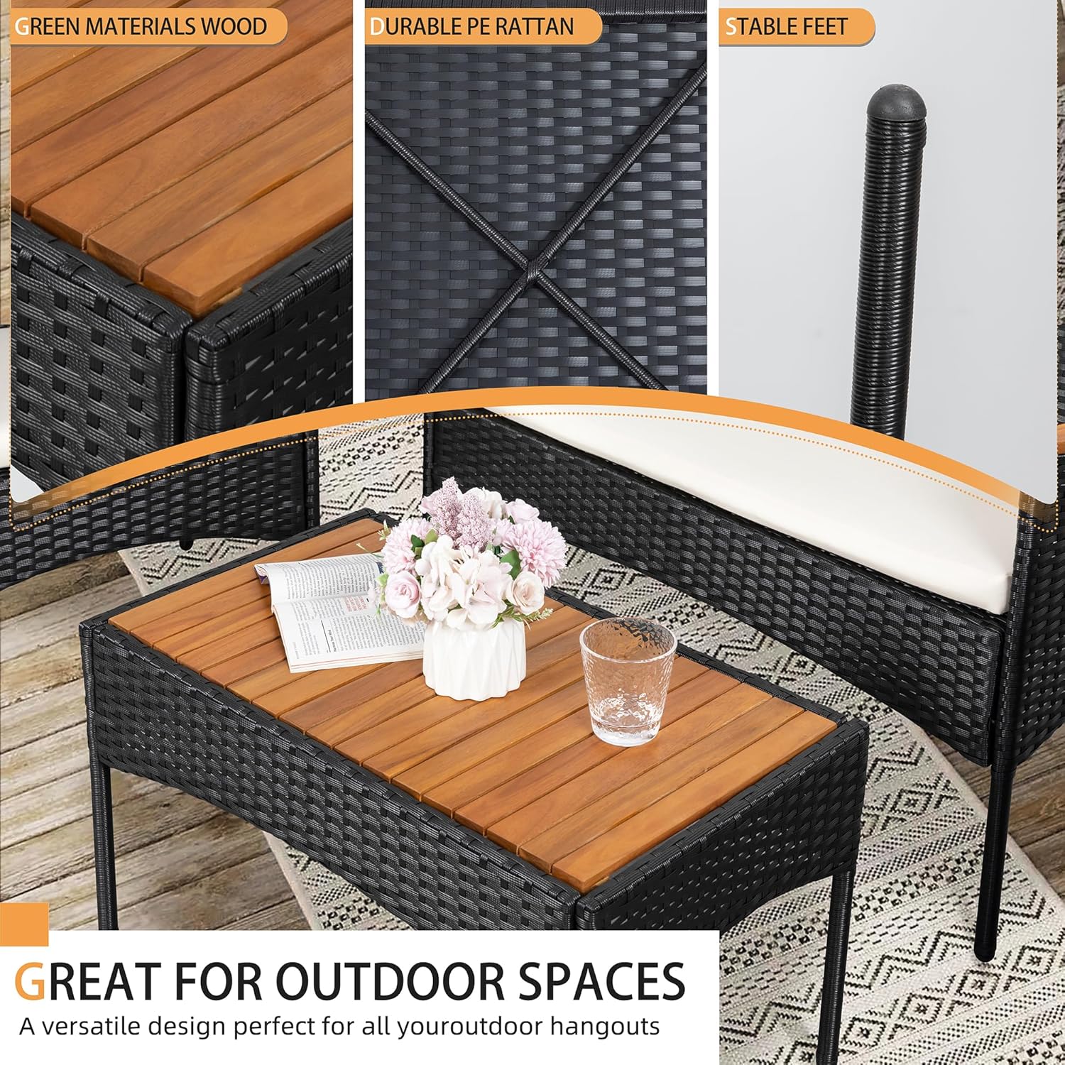 Shintenchi 4-Piece Patio Furniture Set Outdoor Wicker Patio Conversation Furniture Set with Cushions