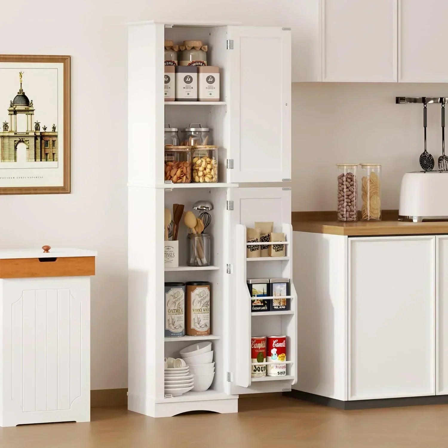 Tall Pantry Cabinet Freestanding Storage Cabinet Wooden Kitchen Pantry with 4 Doors