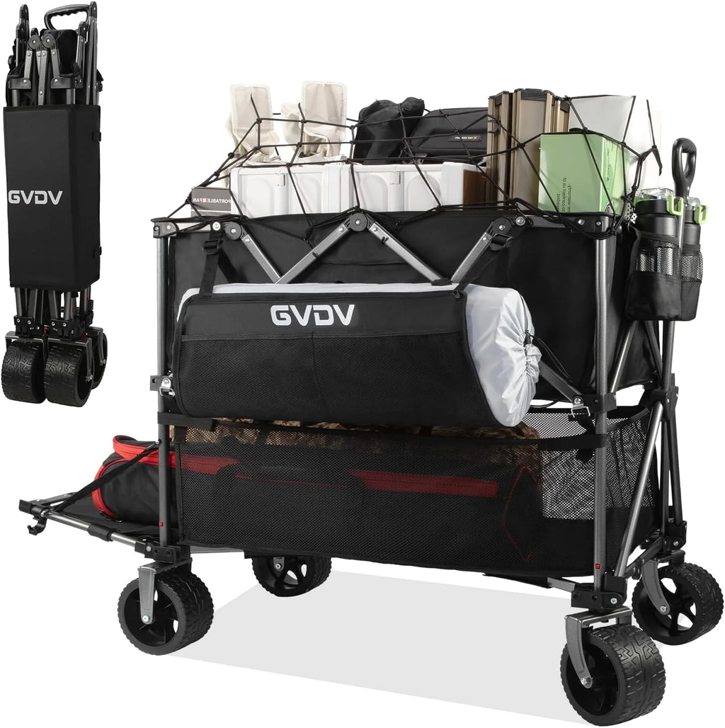 Double-decker cart, 500 lb capacity, 400 liter foldable cart, all-terrain wheels, 46 extra-long extension cart, foldable cart