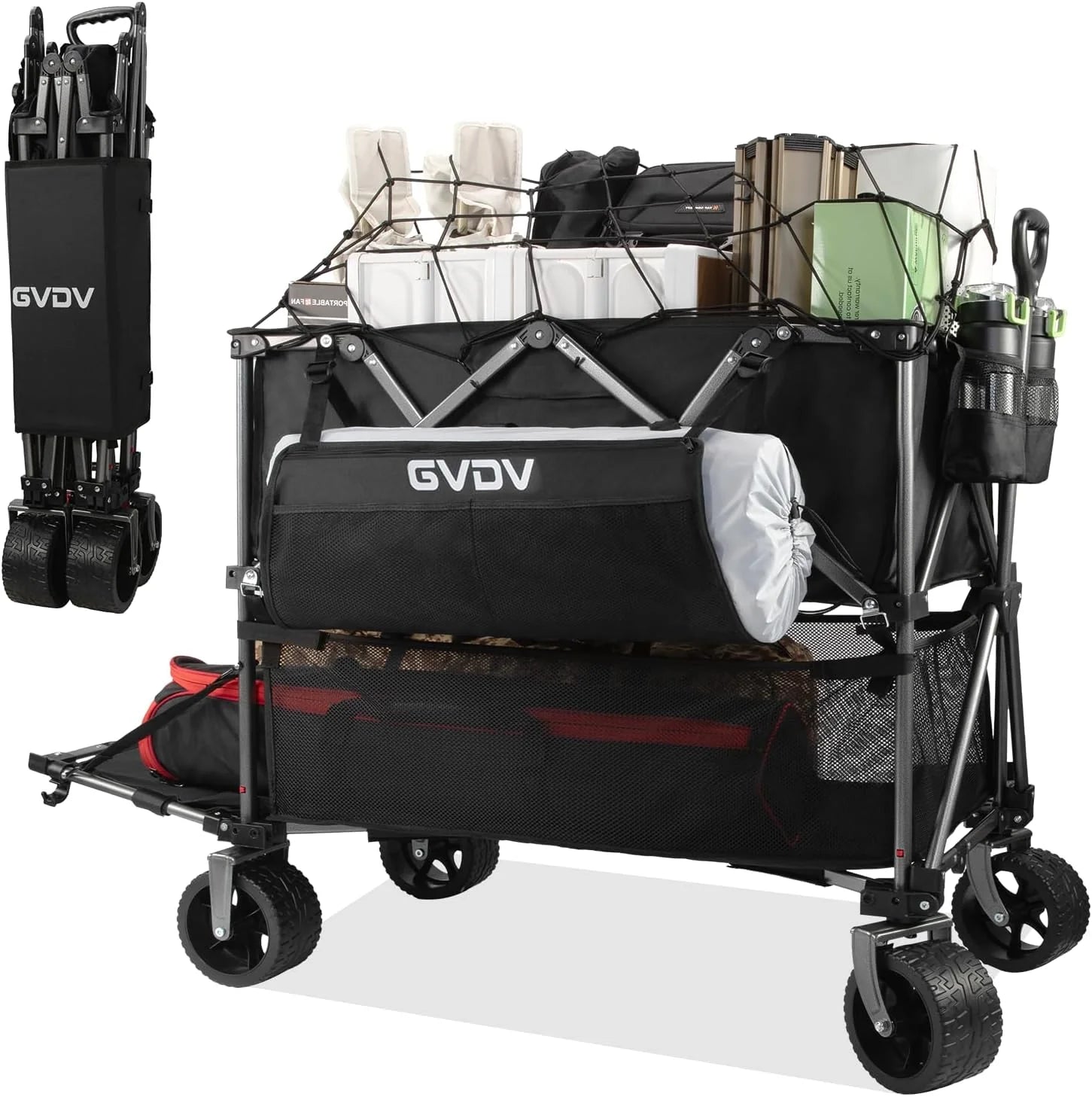 Double-decker cart, 500 lb capacity, 400 liter foldable cart, all-terrain wheels, 46 extra-long extension cart, foldable cart