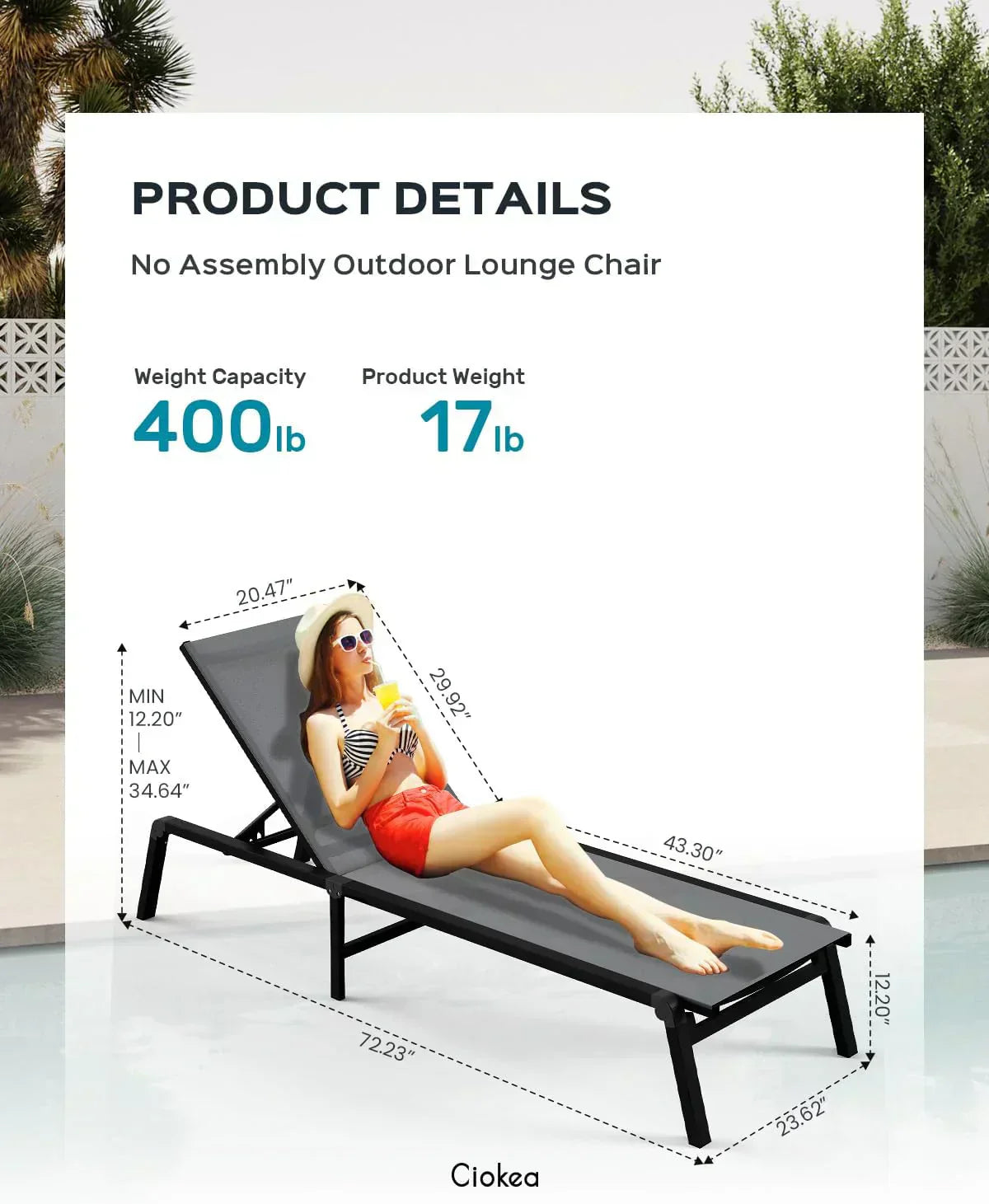 Aluminum Chaise Lounge Outdoor Foldable Assemble Free Outdoor Lounge Chair 5 Adjustable Backrest