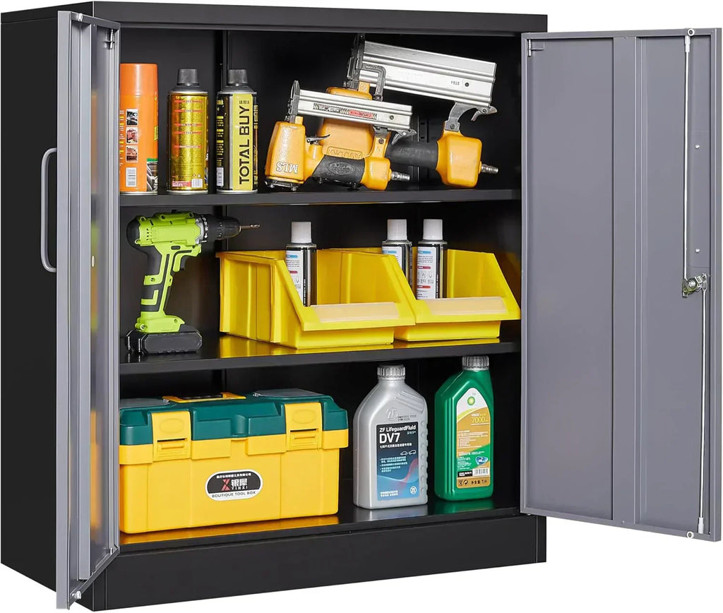 Metal Storage Cabinet with 2 Doors and 6 Shelves Black Metal Cabinet Garage Storage Cabinet