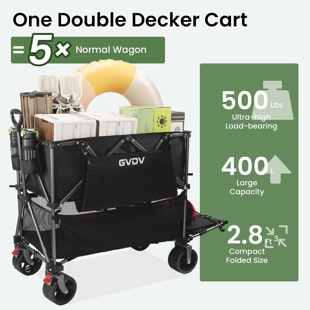 Double-decker cart, 500 lb capacity, 400 liter foldable cart, all-terrain wheels, 46 extra-long extension cart, foldable cart