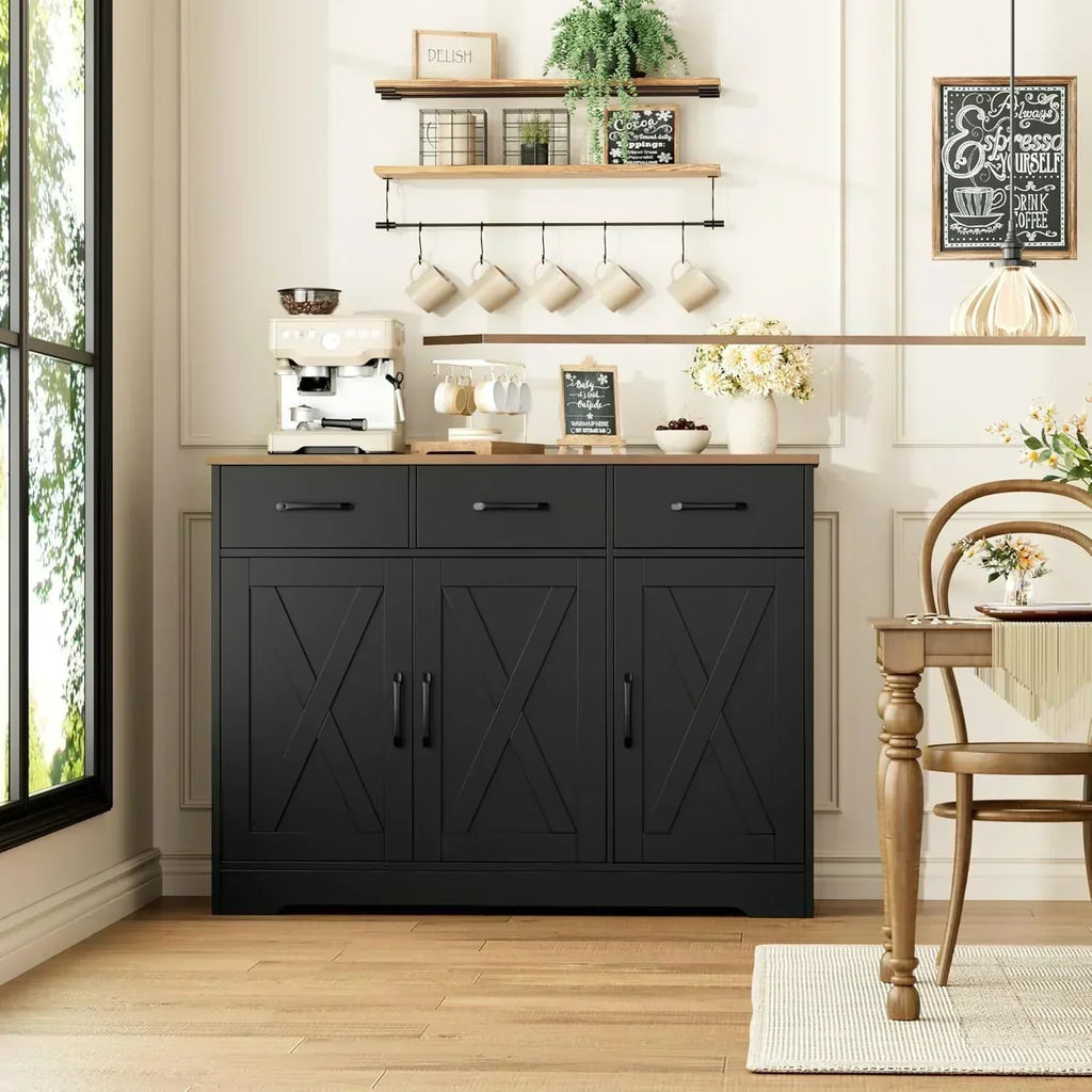 Modern farmhouse sideboard barn door buffet storage cabinet with drawers and shelves