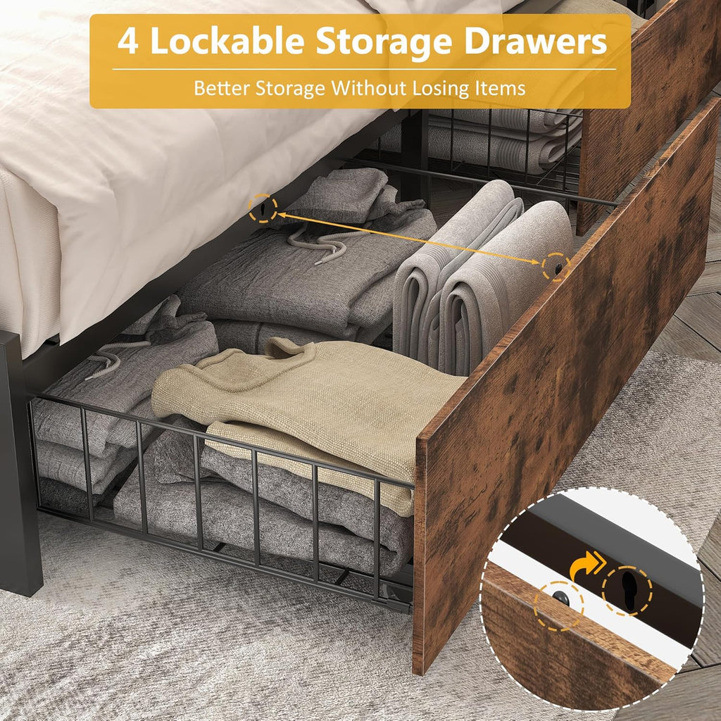 Lifezone Queen Bed Frame with 2-Tier Storage Headboard, Metal Platform Bed Frame with 4 Storage Drawers, Built in Charging Station & LED, Noise-Free/Metal Support/No Box Spring Needed