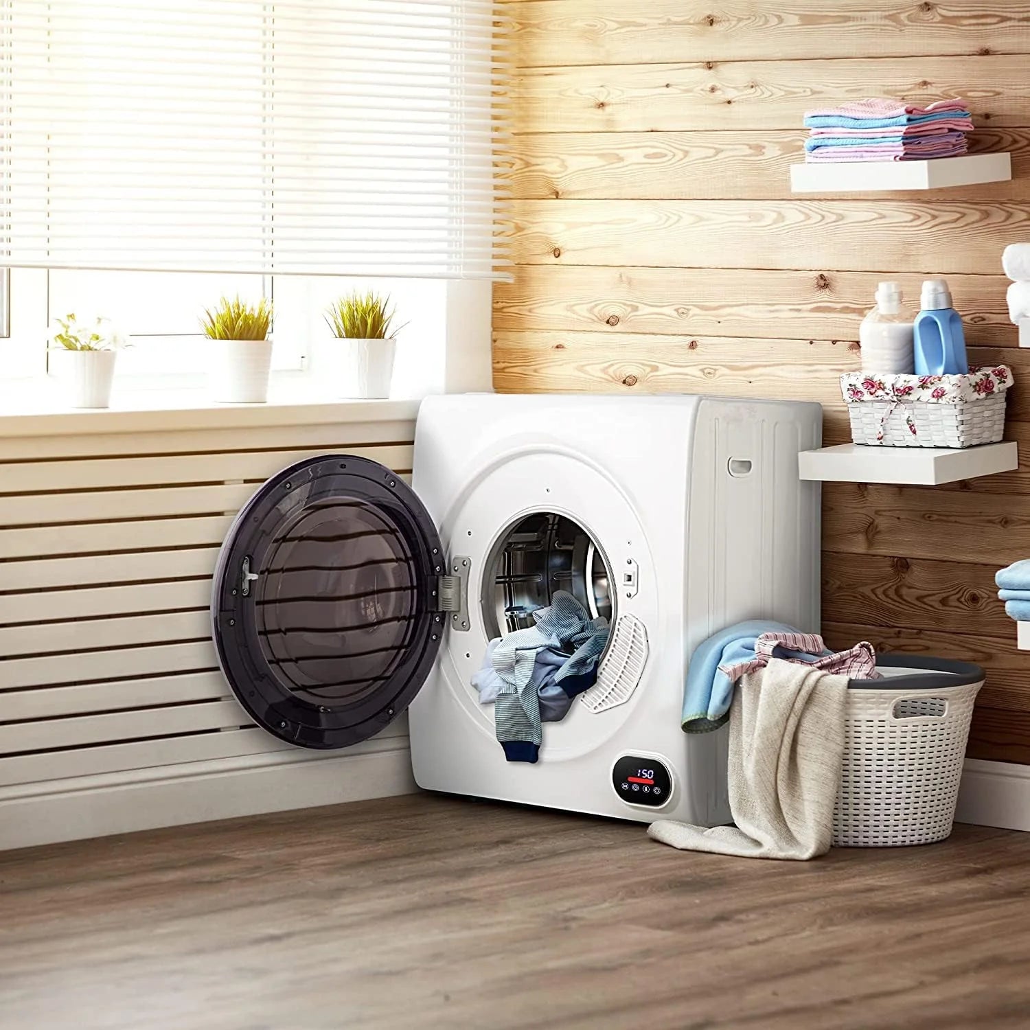 Compact Laundry Dryer, 3.5 cu ft Front Load Stainless Steel Clothes Dryers With Exhaust Pipe, 1500W, LCD Control Panel Four-Function Portable Dryer For Apartments, Home, Dorm, White