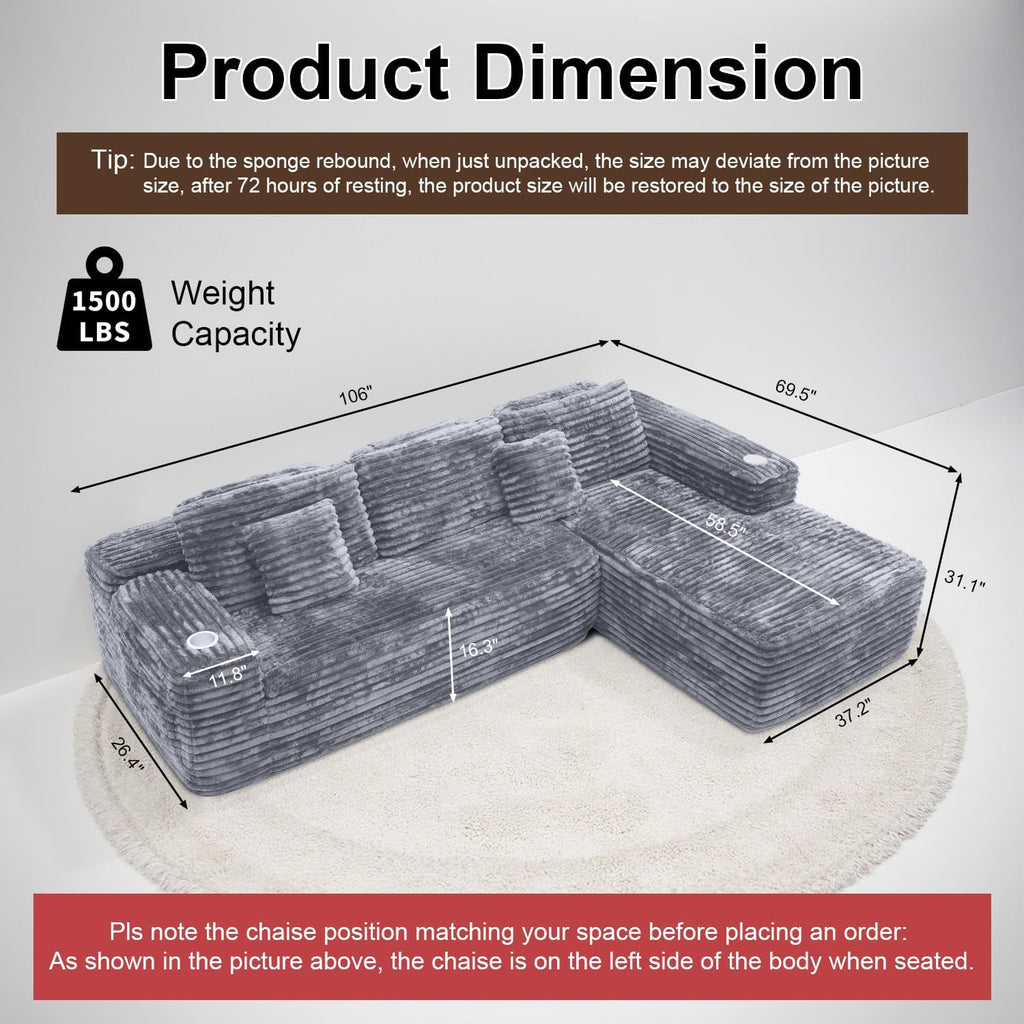 Cloud section sofa with L-shaped recliner modern modular sofa built-in cup holder