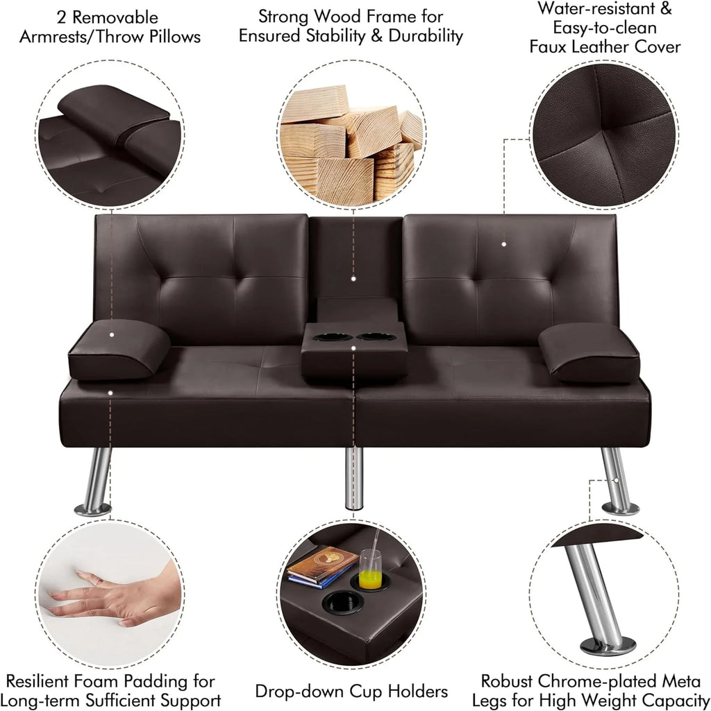 Yaheetech Convertible Sofa Bed Adjustable Couch Sleeper Modern Faux Leather Home Recliner Reversible Loveseat Folding Daybed Guest Bed, Removable Armrests, Cup Holders, 3 Angles, 772lb Capacity, Brown