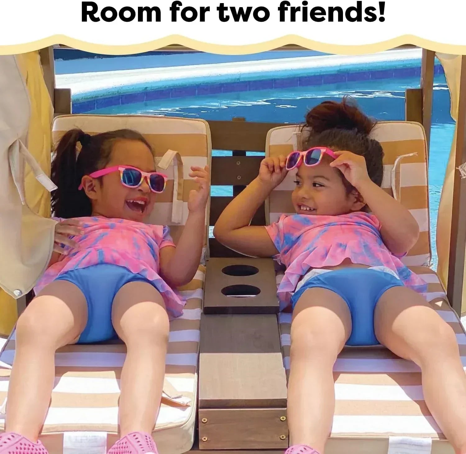 KidKraft Wooden Outdoor Double Chaise Lounge with Cup Holders Kids Patio Furniture Honey