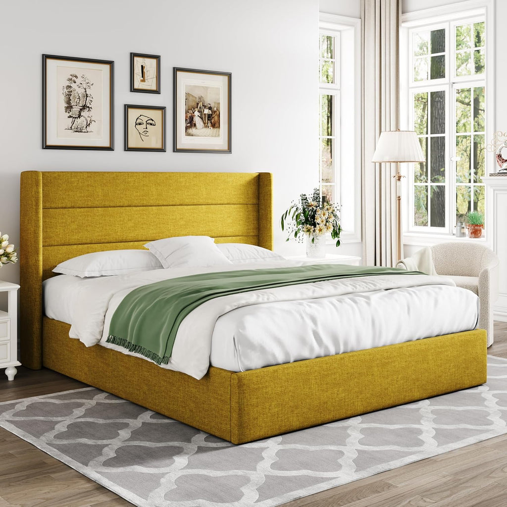 Allewie Queen Size Lift Up Storage Bed Modern Wingback Headboard Hydraulic Support