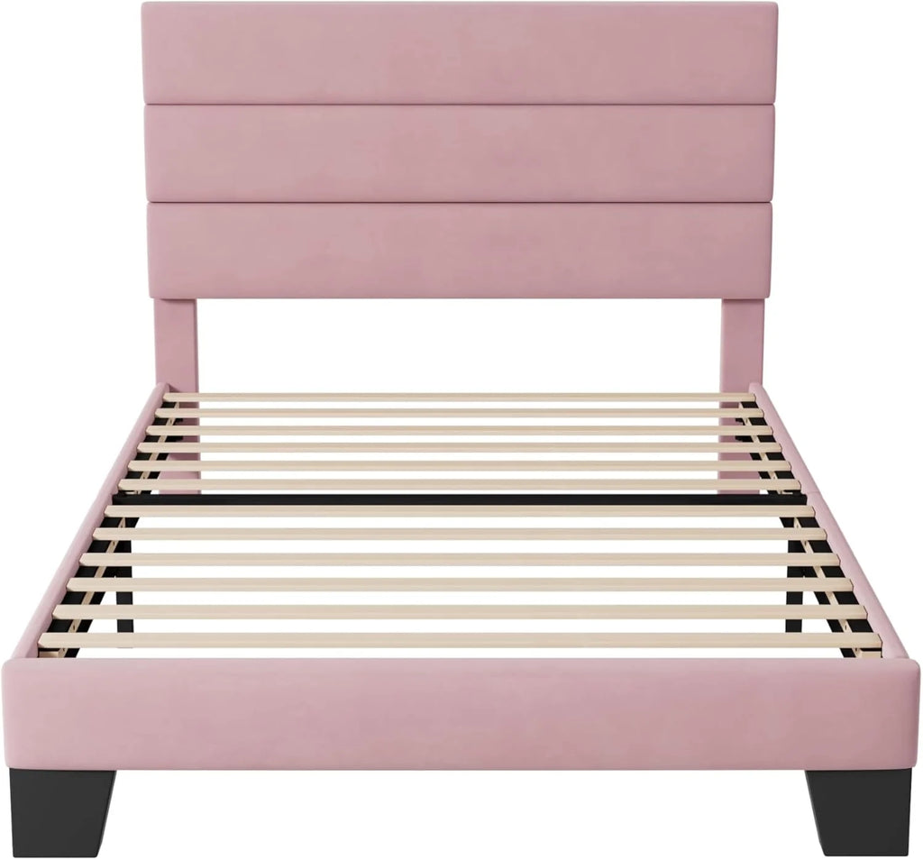 Allewie Queen Size Platform Bed Frame Fabric Upholstered Headboard Wooden Slats Support