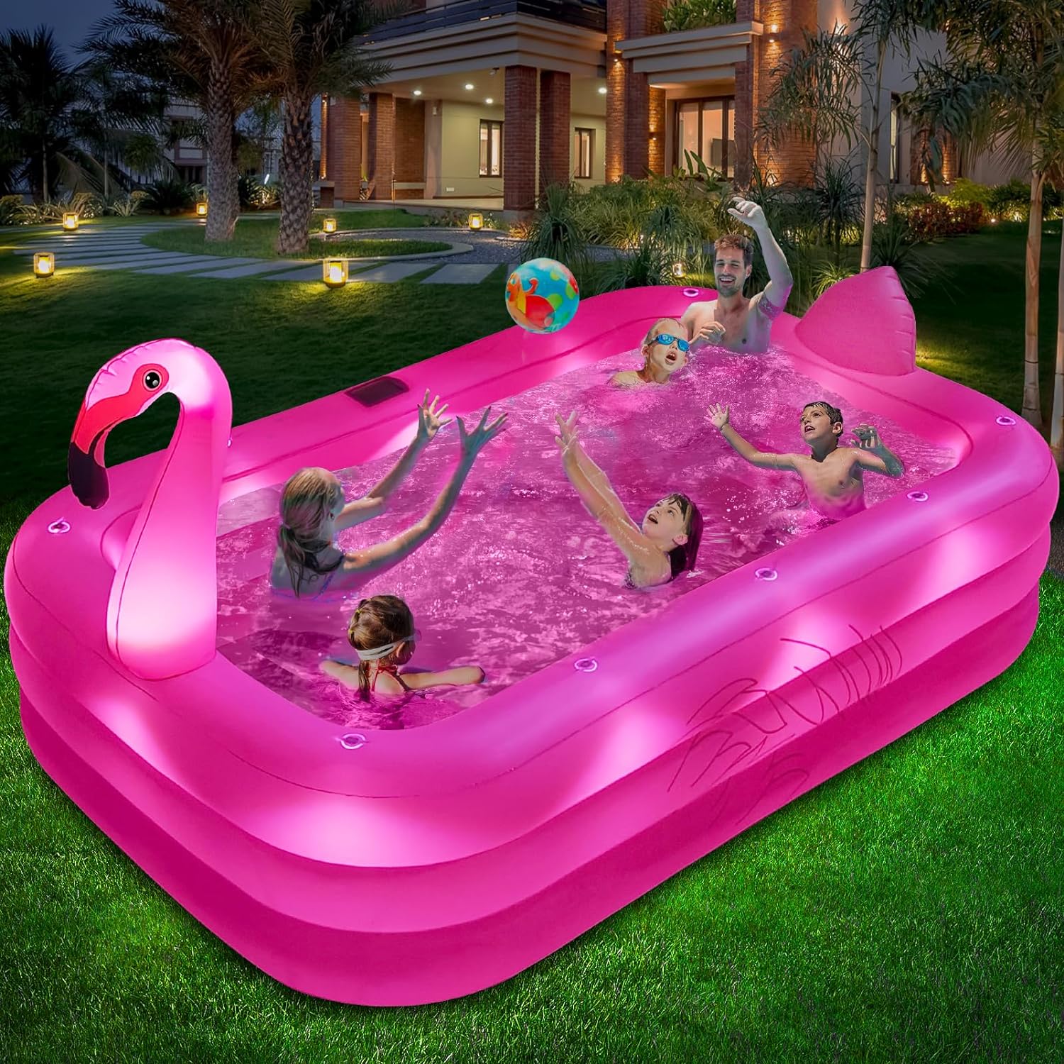 Inflatable Pool with Lights, Solar Flamingo Swimming Pool for Kids,Adults Inflatable Blow up Pool, Large Kiddie Pool, Durable Thickened Inflatable Family Pool for Backyard,Outdoor,105x65x25