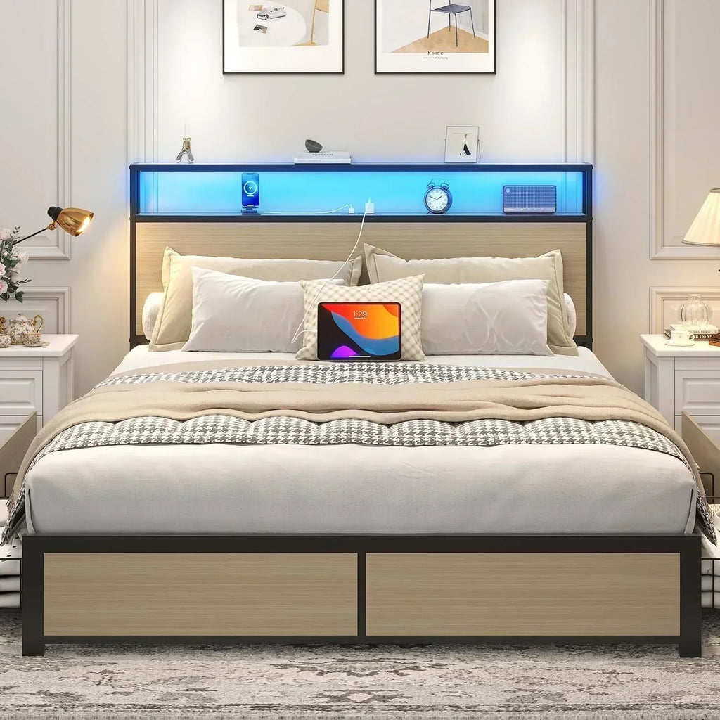 Lifezone Queen Bed Frame 2-Tier Storage Headboard Metal Platform Bed Frame 4 Storage Drawers