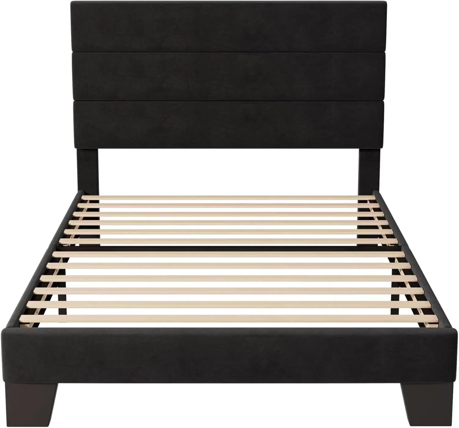 Allewie King size platform bed frame with velvet upholstered headboard and planks