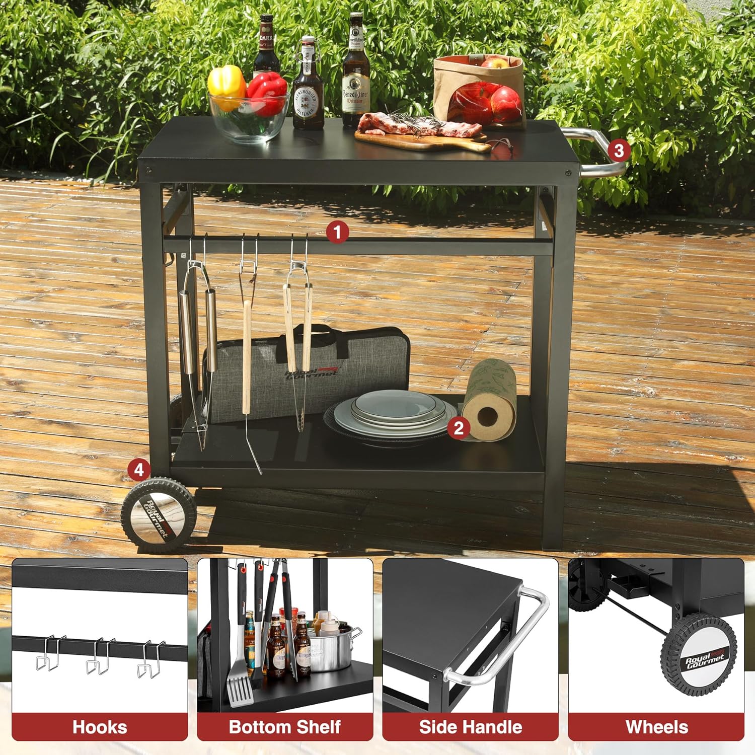 Royal Gourmet Dining Cart Table with Double-Shelf Movable Stainless Steel Flat Top Grill Cart