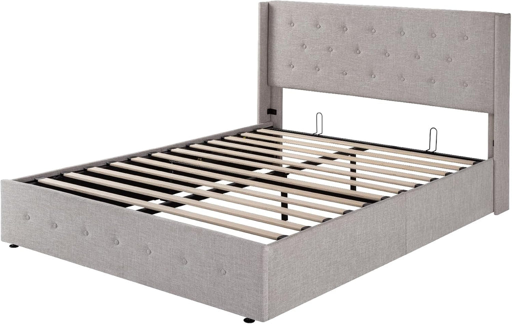 Allewie Queen Size Lift Up Storage Bed Modern Wingback Headboard Hydraulic Support