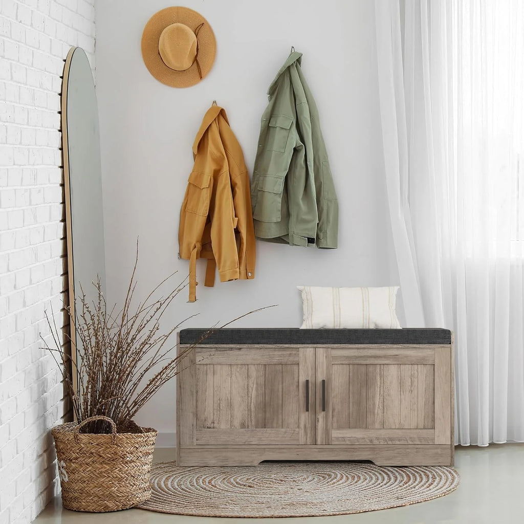 2-Tier Storage Bench, Shoe Bench with Thickened Padded Seat Cushion, Entryway Bench with 4 Doors, Adjustable Shelf, 13.8 D x 45.3 W x 18.5 H, for Entryway, Living Room, Bedroom, White