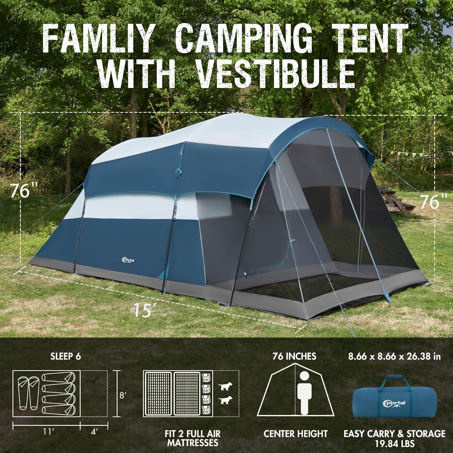 PORTAL 6/8/10 Person Family Camping Tent with Screen Room Water Resistant Big Tunnel Tent