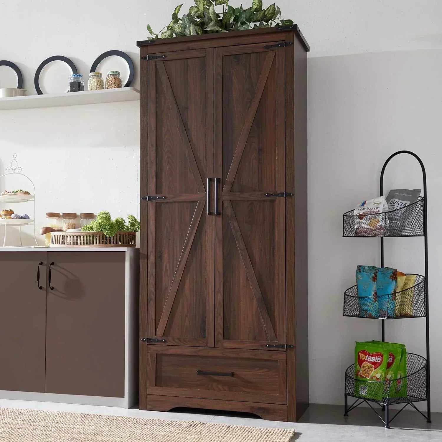 JXQTLINGMU Farmhouse Kitchen Pantry 72 Tall Wood Kitchen Storage Cabinet Adjustable Shelves