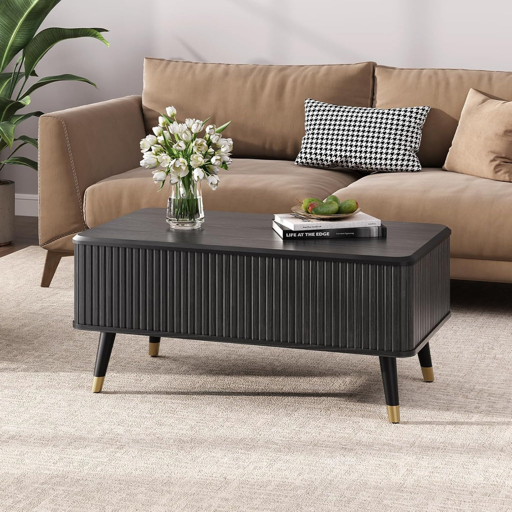 Round Coffee Table with Storage Fluted Center Table with Sliding Cabinet Door for Living Room