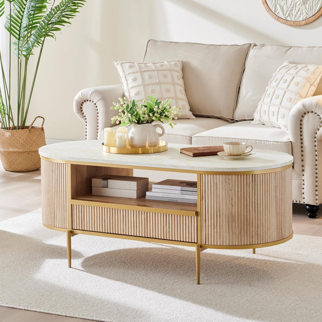 OKD Modern Luxury Grooved Coffee Table, 48 Inch Oval Coffee Table with Drawers, Imitation Marble Top, Curved Contour Design, Gold Metal Trim, Living Room Center Table