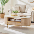 OKD Modern Luxury Grooved Coffee Table, 48 Inch Oval Coffee Table with Drawers, Imitation Marble Top, Curved Contour Design, Gold Metal Trim, Living Room Center Table
