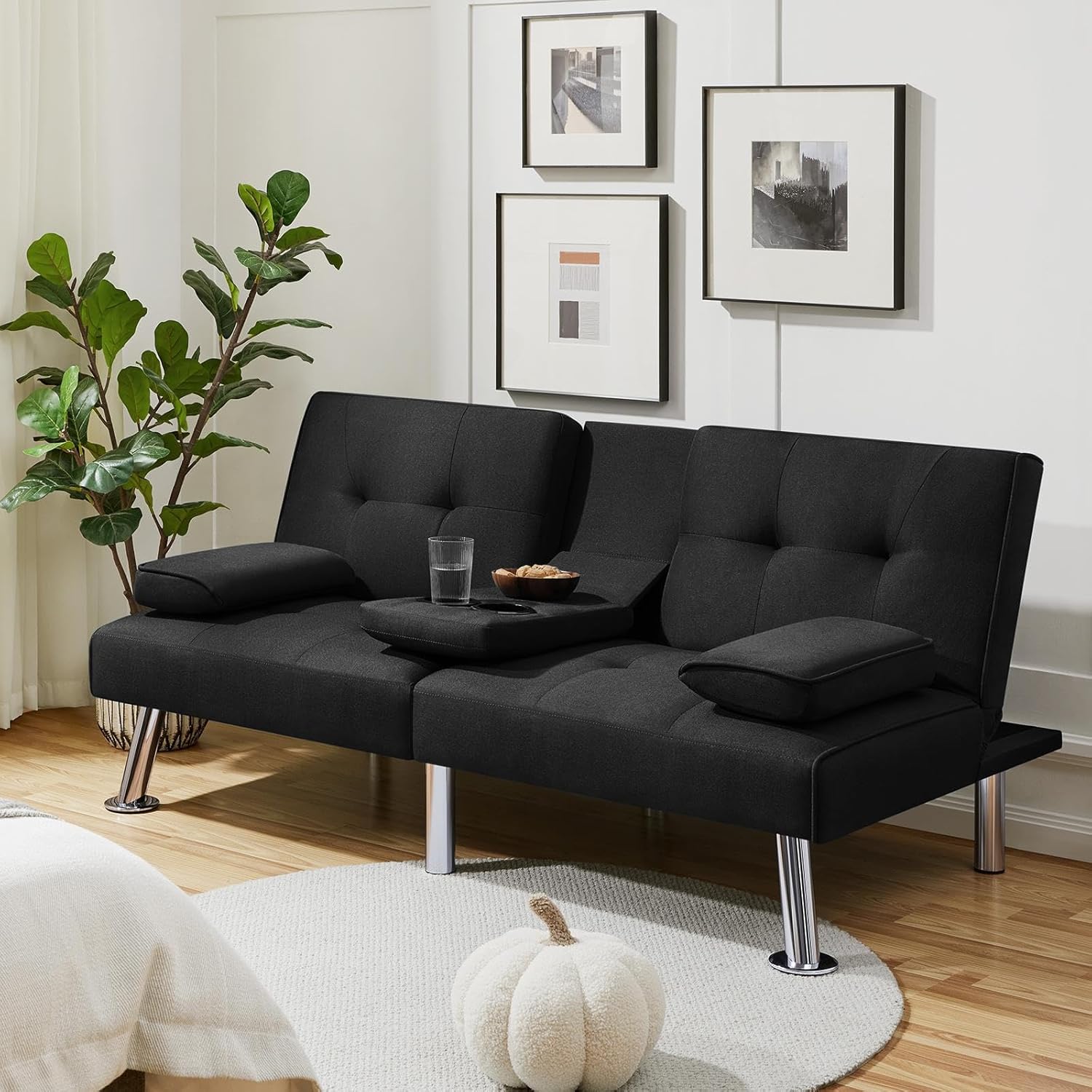 Yaheetech Convertible Sofa Bed Adjustable Couch Sleeper Modern Faux Leather Home Recliner Reversible Loveseat Folding Daybed Guest Bed, Removable Armrests, Cup Holders, 3 Angles, 772lb Capacity, Brown