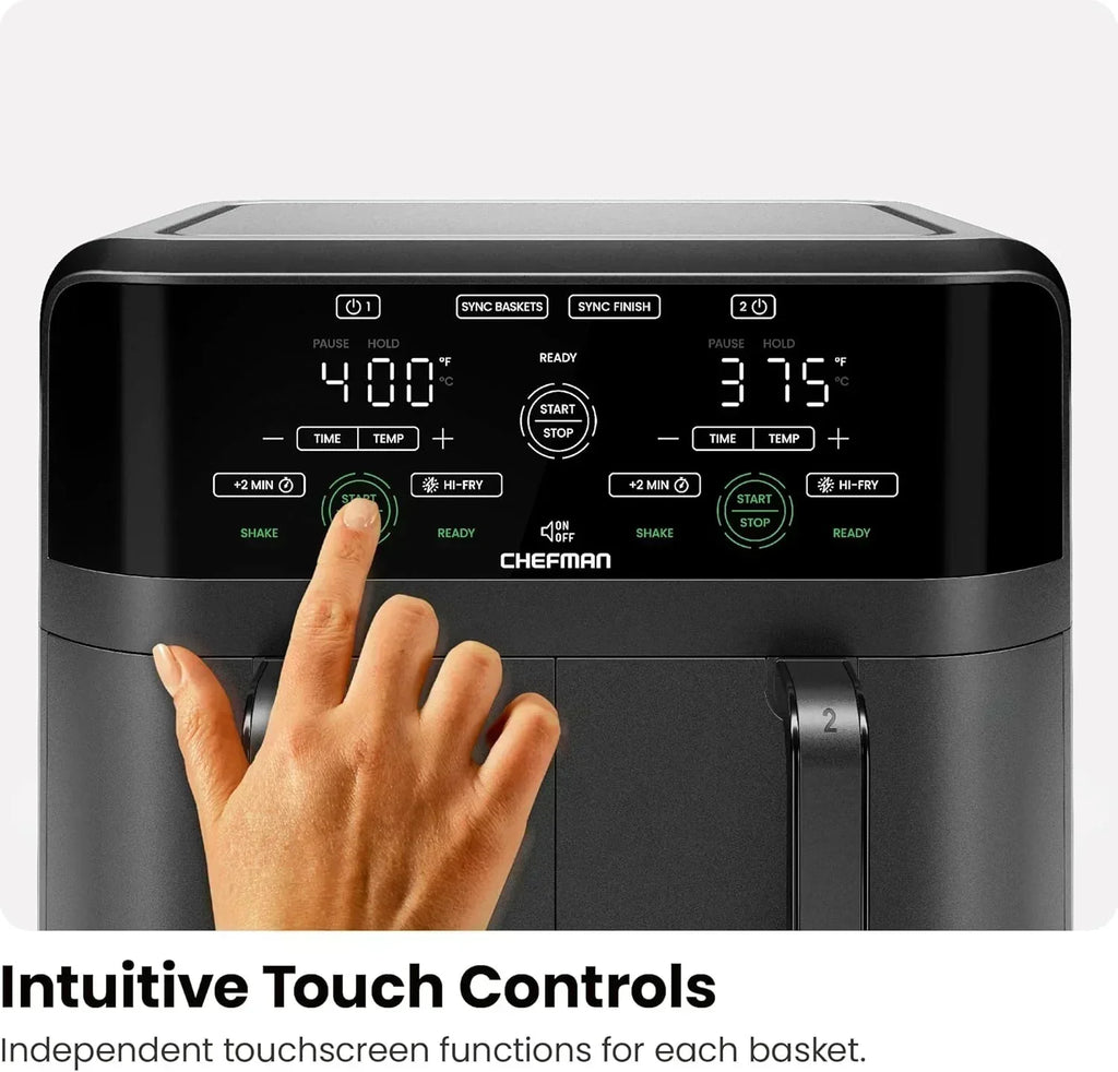 Chefman 6-Quart Dual Basket Air Fryer Digital Touchscreen Smart Sync Finish High-Frying