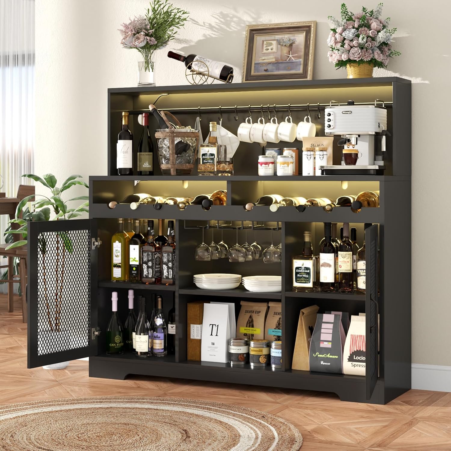 Wine Bar Cabinet with LED Light Liquor Cabinet with Glass Holder Coffee Bar for Liquor