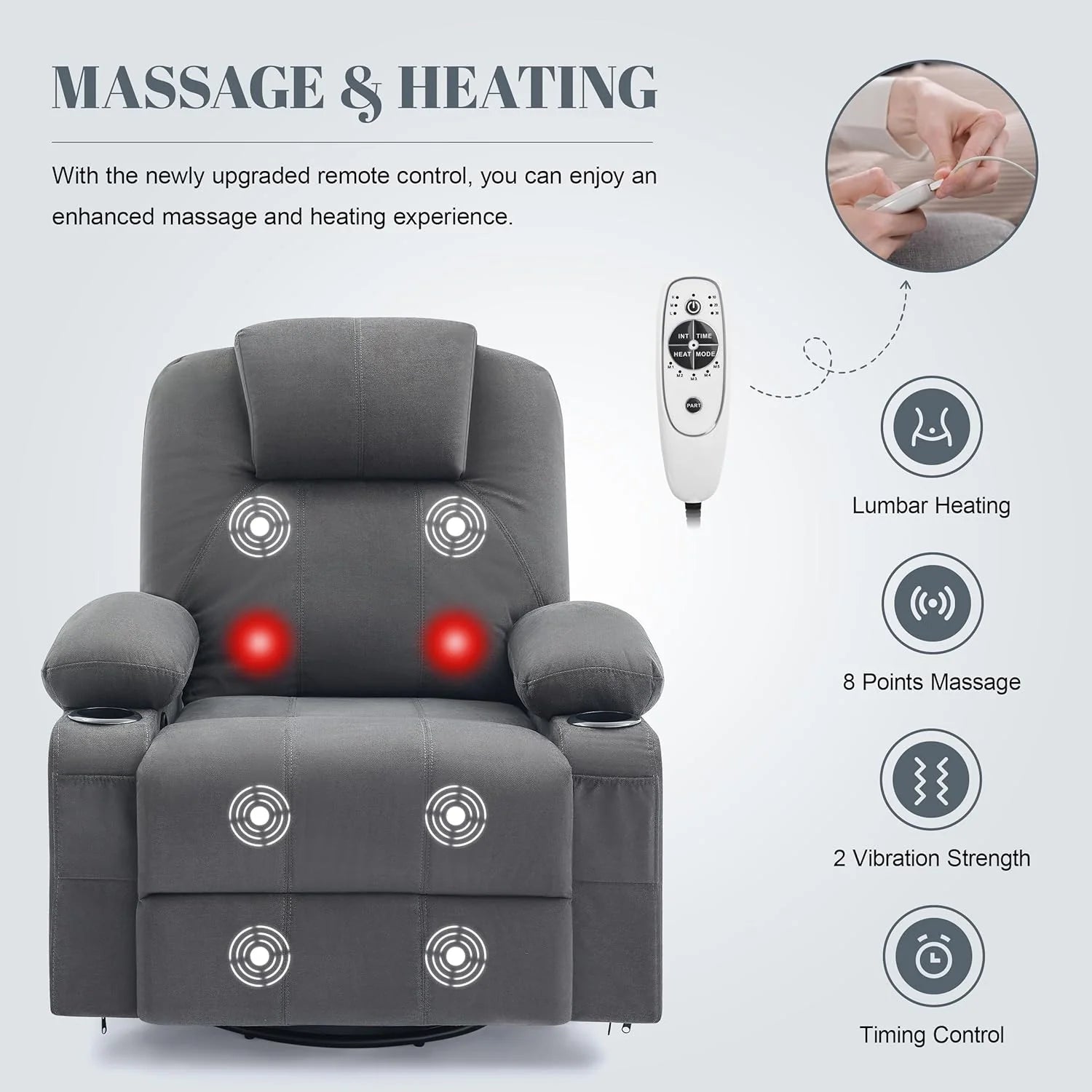 Large Swivel Rocking Recliner with Heating and Massage Function, 360 Degree Swivel Rocking Single Sofa