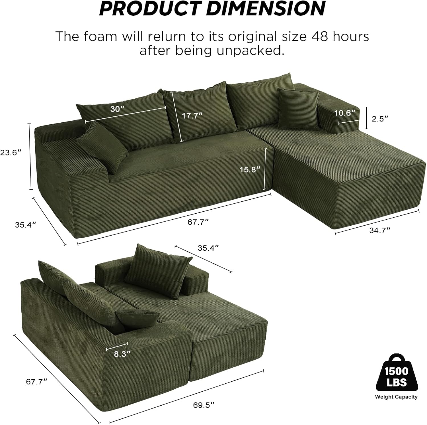Cloud sofa with L-shaped lounge chair modern modular sofa with deep seats
