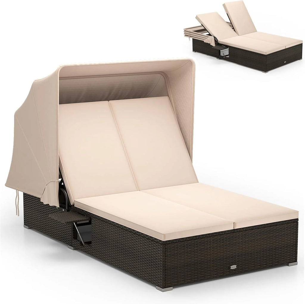 RELAX4LIFE Outdoor Daybed Retractable Canopy Wicker Double Chaise Lounge 6-Position Backrest