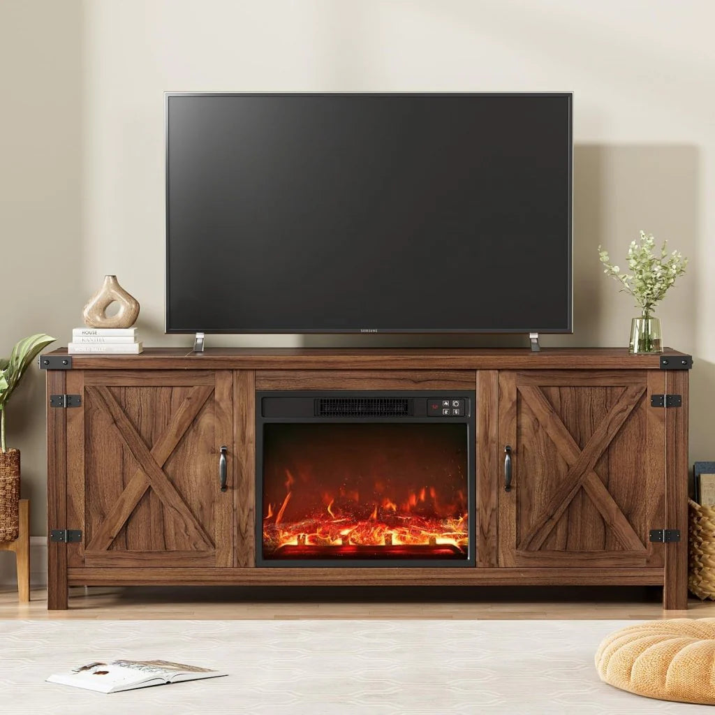 YESHOMY Fireplace TV Stand with Two Barn Doors and Storage Cabinets for Televisions up to 65+ Inch, Entertainment Center Console Table, Media Furniture for Living Room, 58 Inch