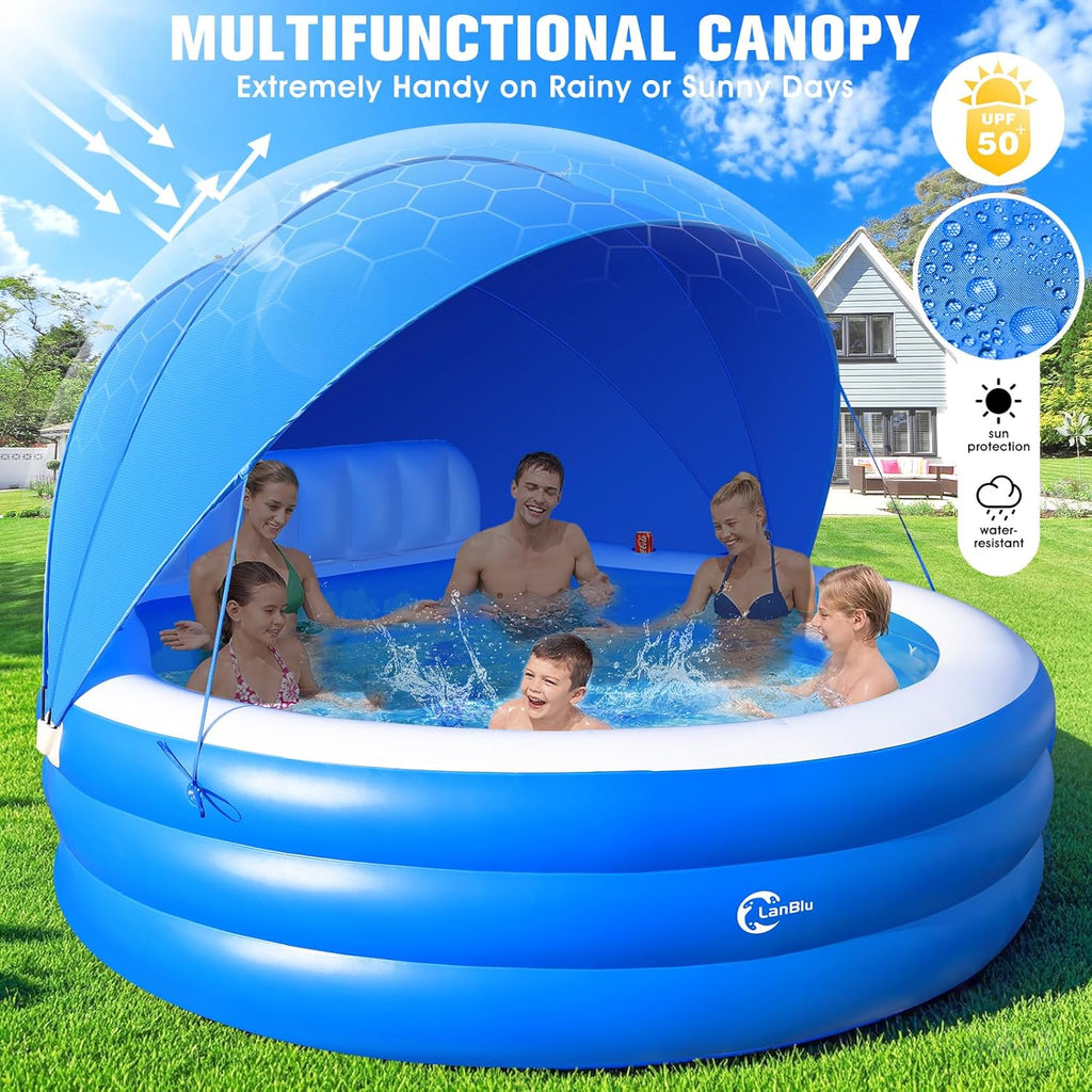 2025 Upgraded Inflatable Pool with Canopy, Inflatable Family Lounge Pool, Round Blow Up Pool for Adult with Bench & Backrest, Swim Center Easy Backyard Pools for Kids & Adults, 92x92x26, Blue
