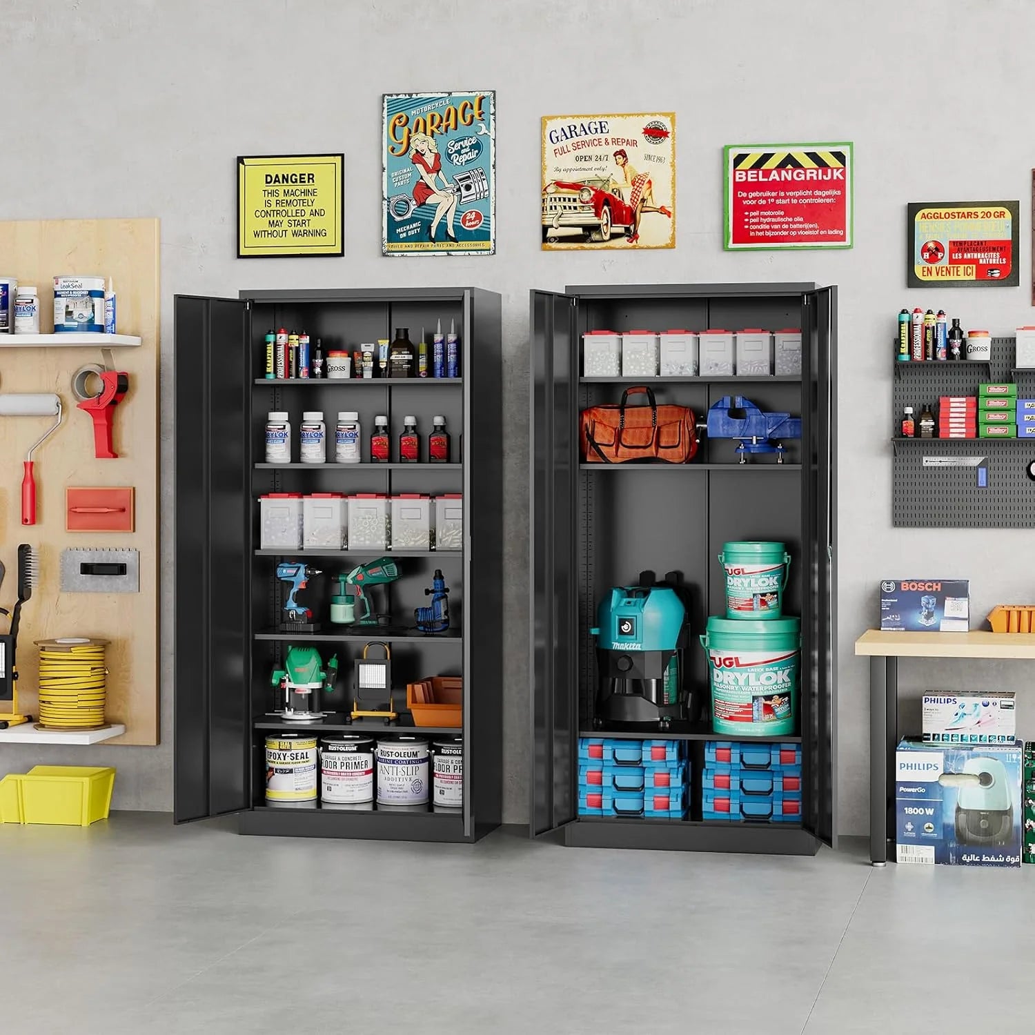 Metal Storage Cabinet with 2 Doors and 6 Shelves, Black Metal Cabinet with Lock, 71 Inch Lockable Garage Storage Cabinet