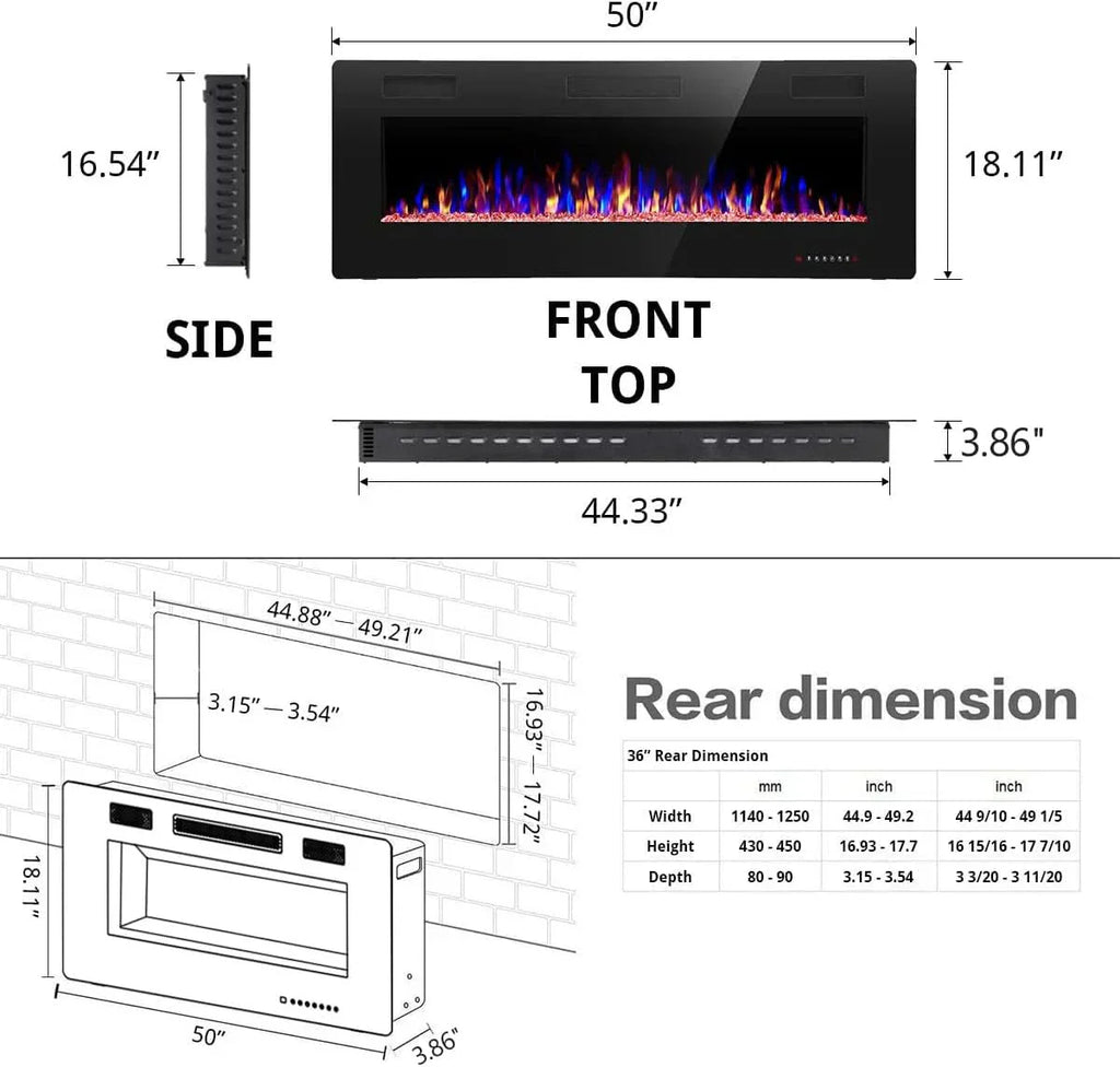 R.W.FLAME 60 Recessed and Wall Mounted Electric Fireplace Low Noise Fit for 2 x 6 Stud