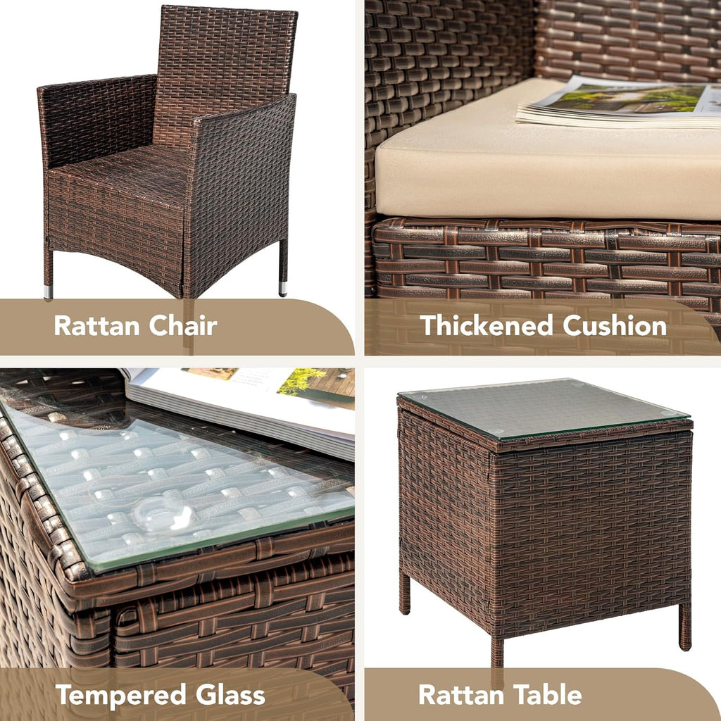 Devoko Patio Porch Furniture Sets 3 Pieces PE Rattan Wicker Chairs with Table Outdoor Garden Furniture Sets (Brown/Beige)