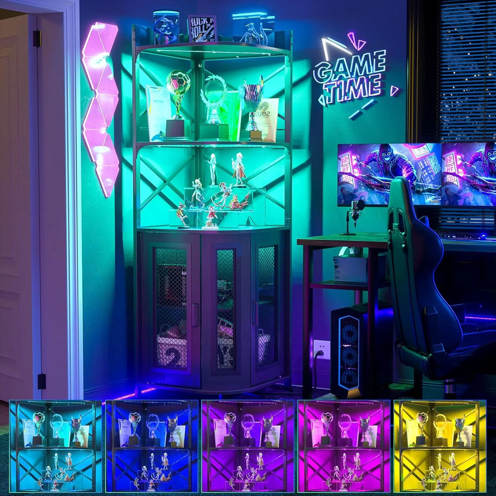 Aheaplus Corner Bar Cabinet with Power Outlet, Industrial Wine Cabinet with LED Strip and Glass Holder, 5-Tiers Liquor Cabinet Bar Unit for Home, Corner Display Cabinet for Small Space, White Oak